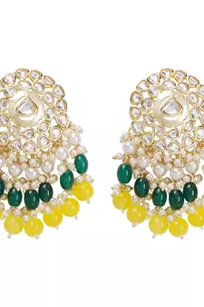 Gold Plated Kundan with Colorful Yellow Green Tumbles Drop Earrings