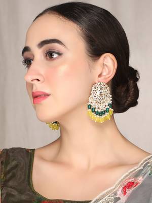Gold Plated Kundan with Colorful Yellow Green Tumbles Drop Earrings 4