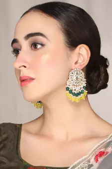 Gold Plated Kundan with Colorful Yellow Green Tumbles Drop Earrings