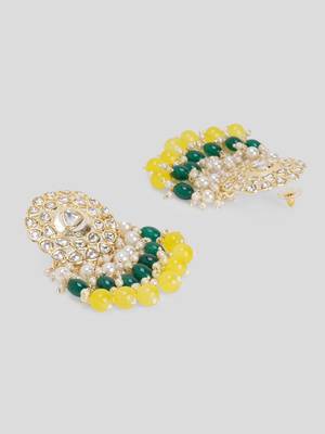 Gold Plated Kundan with Colorful Yellow Green Tumbles Drop Earrings 5