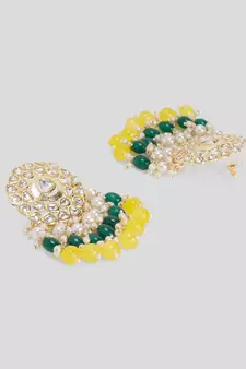 Gold Plated Kundan with Colorful Yellow Green Tumbles Drop Earrings