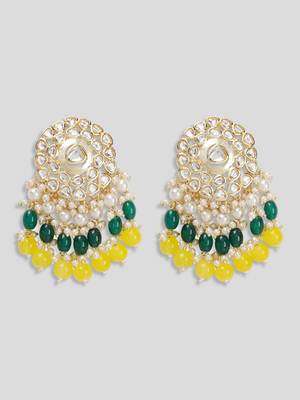 Gold Plated Kundan with Colorful Yellow Green Tumbles Drop Earrings 6