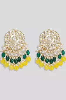 Gold Plated Kundan with Colorful Yellow Green Tumbles Drop Earrings