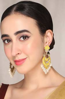 Gold Plated handcrafted Meenakari Yellow Chandbali Earrings Brass With Kundan