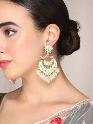 Gold Plated handcrafted Meenakari Mint Green Chandbali Earrings Brass With Kundan 1