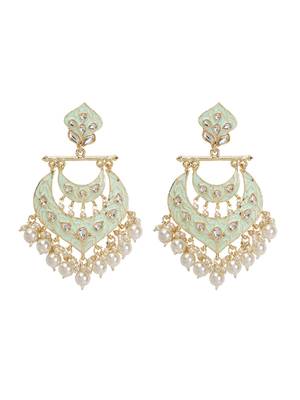 Gold Plated handcrafted Meenakari Mint Green Chandbali Earrings Brass With Kundan 2