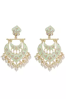 Gold Plated handcrafted Meenakari Mint Green Chandbali Earrings Brass With Kundan
