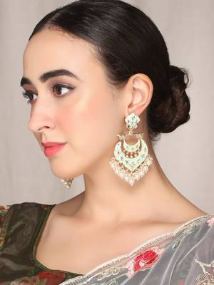 Gold Plated handcrafted Meenakari Mint Green Chandbali Earrings Brass With Kundan 3