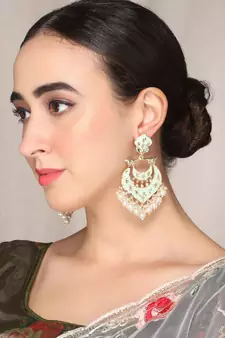 Gold Plated handcrafted Meenakari Mint Green Chandbali Earrings Brass With Kundan