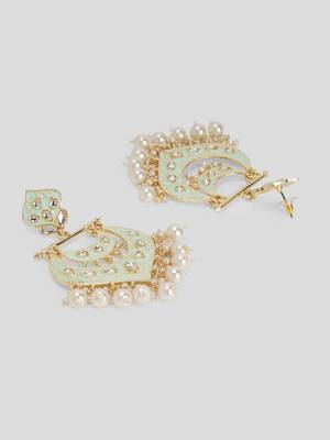 Gold Plated handcrafted Meenakari Mint Green Chandbali Earrings Brass With Kundan 4
