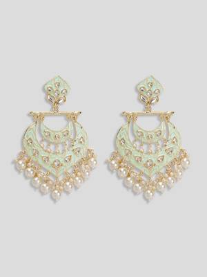 Gold Plated handcrafted Meenakari Mint Green Chandbali Earrings Brass With Kundan 5