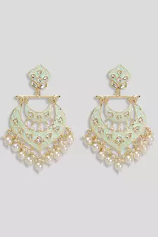 Gold Plated handcrafted Meenakari Mint Green Chandbali Earrings Brass With Kundan