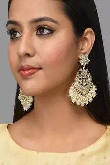 Gold Plated White Pearls embellished Kundan Layered ChandBali Earrings Brass