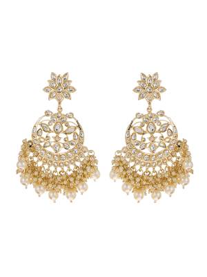 Gold Plated White Pearls embellished Kundan Layered ChandBali Earrings Brass 3