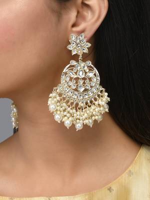Gold Plated White Pearls embellished Kundan Layered ChandBali Earrings Brass 4