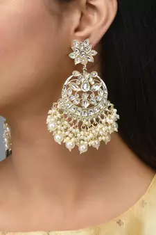 Gold Plated White Pearls embellished Kundan Layered ChandBali Earrings Brass