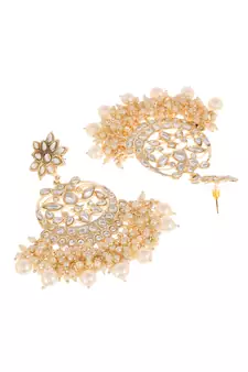 Gold Plated White Pearls embellished Kundan Layered ChandBali Earrings Brass