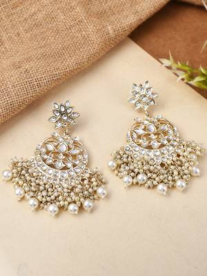 Gold Plated White Pearls embellished Kundan Layered ChandBali Earrings Brass 1