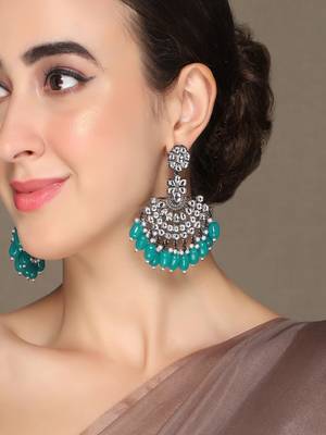 Black Silver Plated Green Glass Stones embellished ChandBali Earrings Brass 2