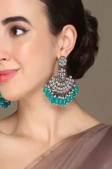 Black Silver Plated Green Glass Stones embellished ChandBali Earrings Brass