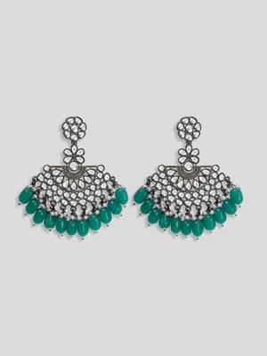 Black Silver Plated Green Glass Stones embellished ChandBali Earrings Brass 3