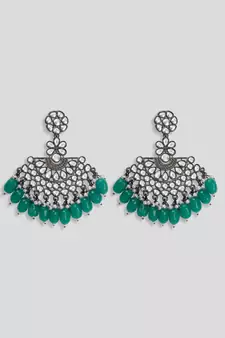 Black Silver Plated Green Glass Stones embellished ChandBali Earrings Brass