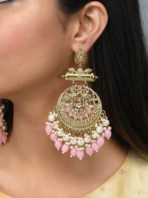 Gold Plated Pink toned Stones and Pearl embellished ChandBali Earrings Brass 2
