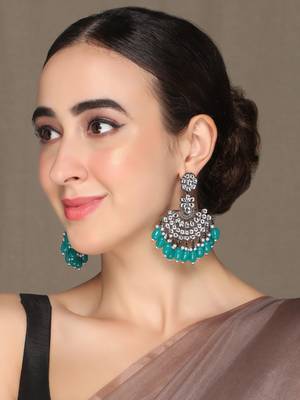 Black Silver Plated Green Glass Stones embellished ChandBali Earrings Brass 4