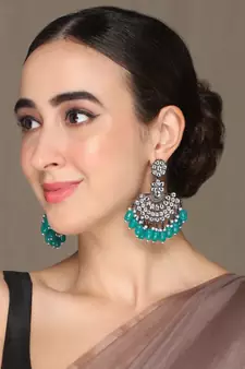 Black Silver Plated Green Glass Stones embellished ChandBali Earrings Brass