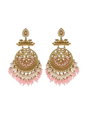 Gold Plated Pink toned Stones and Pearl embellished ChandBali Earrings Brass 3
