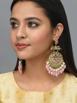Gold Plated Pink toned Stones and Pearl embellished ChandBali Earrings Brass 4