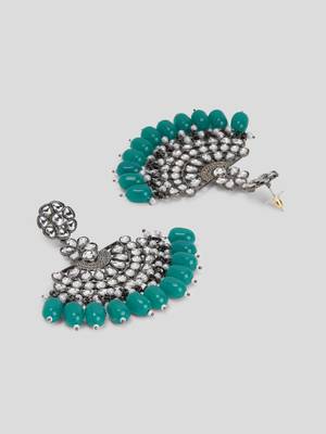 Black Silver Plated Green Glass Stones embellished ChandBali Earrings Brass 5