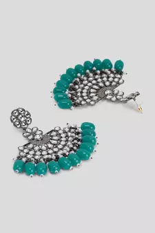Black Silver Plated Green Glass Stones embellished ChandBali Earrings Brass