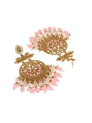 Gold Plated Pink toned Stones and Pearl embellished ChandBali Earrings Brass 5