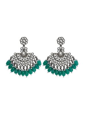Black Silver Plated Green Glass Stones embellished ChandBali Earrings Brass 6