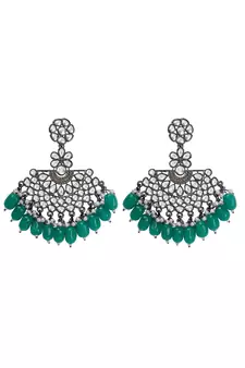 Black Silver Plated Green Glass Stones embellished ChandBali Earrings Brass