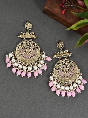 Gold Plated Pink toned Stones and Pearl embellished ChandBali Earrings Brass 6