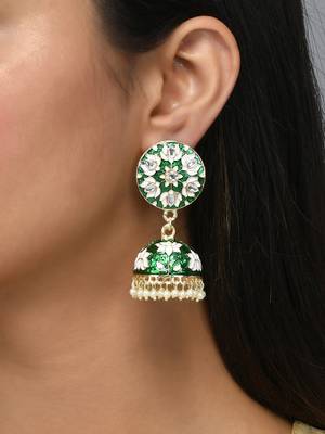 Gold Plated Handcrafted Dark Green Meenakari work & Pearls Small Jhumka Earrings Copper 1