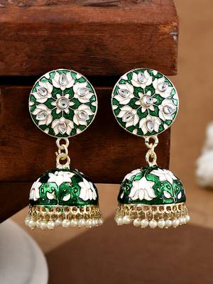 Gold Plated Handcrafted Dark Green Meenakari work & Pearls Small Jhumka Earrings Copper 2
