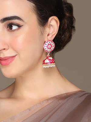 Gold-Plated Handcrafted Dark Pink Meenakari work & Pearls Small Jhumka Earrings Copper 1