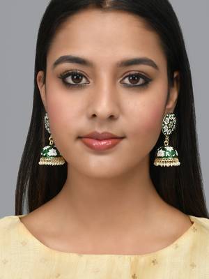 Gold Plated Handcrafted Dark Green Meenakari work & Pearls Small Jhumka Earrings Copper 3