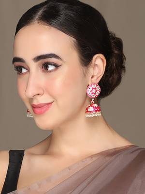 Gold-Plated Handcrafted Dark Pink Meenakari work & Pearls Small Jhumka Earrings Copper 2