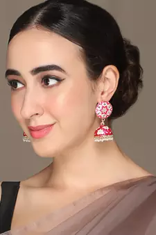 Gold-Plated Handcrafted Dark Pink Meenakari work & Pearls Small Jhumka Earrings Copper