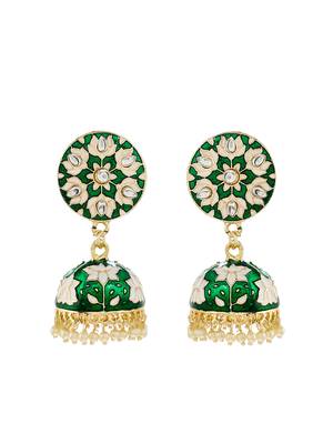 Gold Plated Handcrafted Dark Green Meenakari work & Pearls Small Jhumka Earrings Copper 4