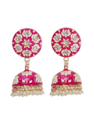 Gold-Plated Handcrafted Dark Pink Meenakari work & Pearls Small Jhumka Earrings Copper 3