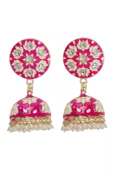 Gold-Plated Handcrafted Dark Pink Meenakari work & Pearls Small Jhumka Earrings Copper
