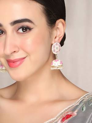 Gold Plated Handcrafted OffWhite and Pink Meenakari work & Pearls Small Jhumka Earrings Copper 1