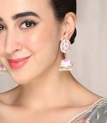 Gold Plated Handcrafted OffWhite and Pink Meenakari work & Pearls Small Jhumka Earrings Copper