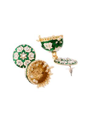 Gold Plated Handcrafted Dark Green Meenakari work & Pearls Small Jhumka Earrings Copper 5