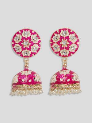 Gold-Plated Handcrafted Dark Pink Meenakari work & Pearls Small Jhumka Earrings Copper 4